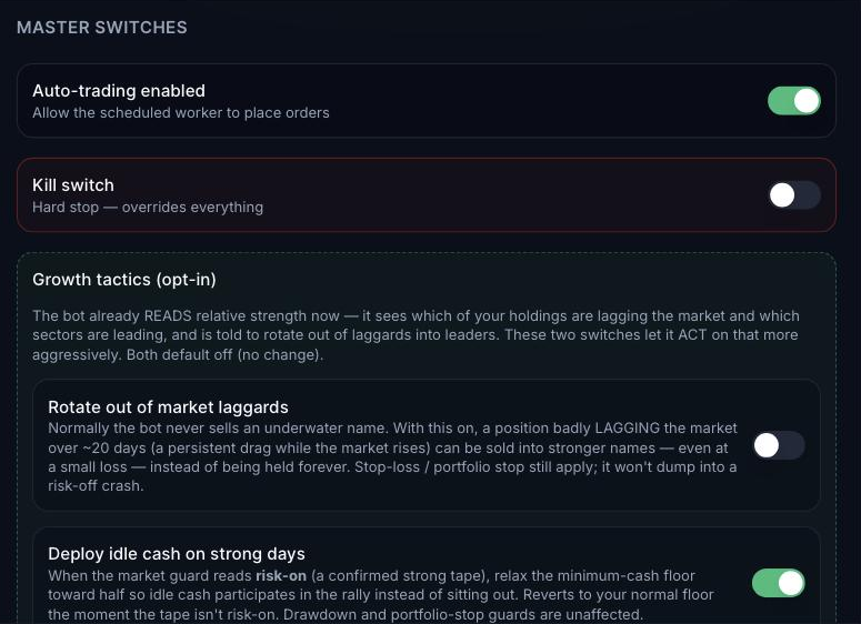 The Master switches panel in InvestmentThing settings, showing an Auto-trading enabled toggle switched on, a Kill switch toggle described as a hard stop that overrides everything, and an opt-in Growth tactics group containing switches for rotating out of market laggards and deploying idle cash on strong days.